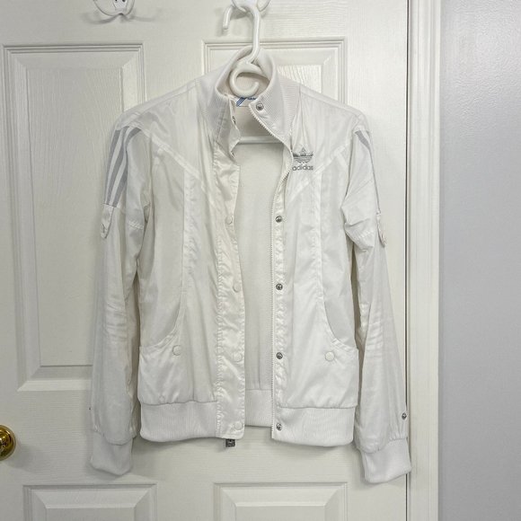 Adidas women's white 3-stripes jacket with holographic logo print - Picture 1 of 10